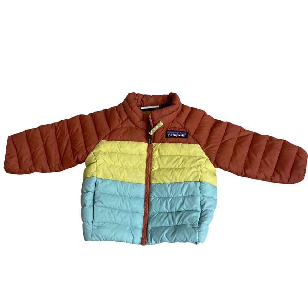 Patagonia Kids Down Sweater Jacket 3-6M Colorblock Orange Yellow Blue Puffer EUC